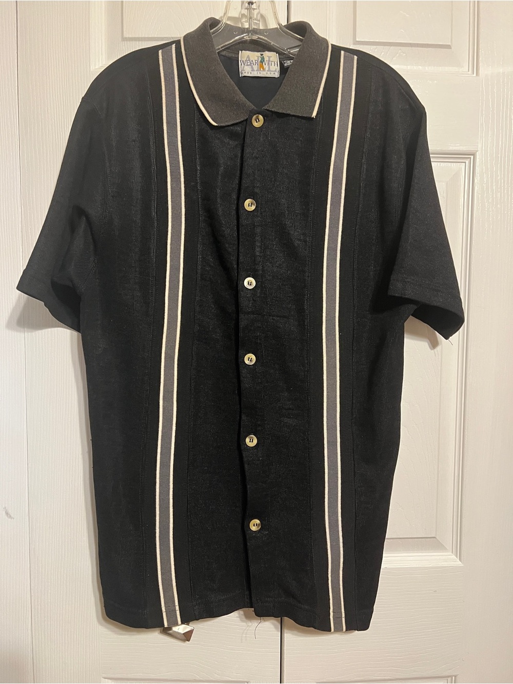 Men Black Short-Sleeve Button-Down with Cream and Gray Vertical Stripes.